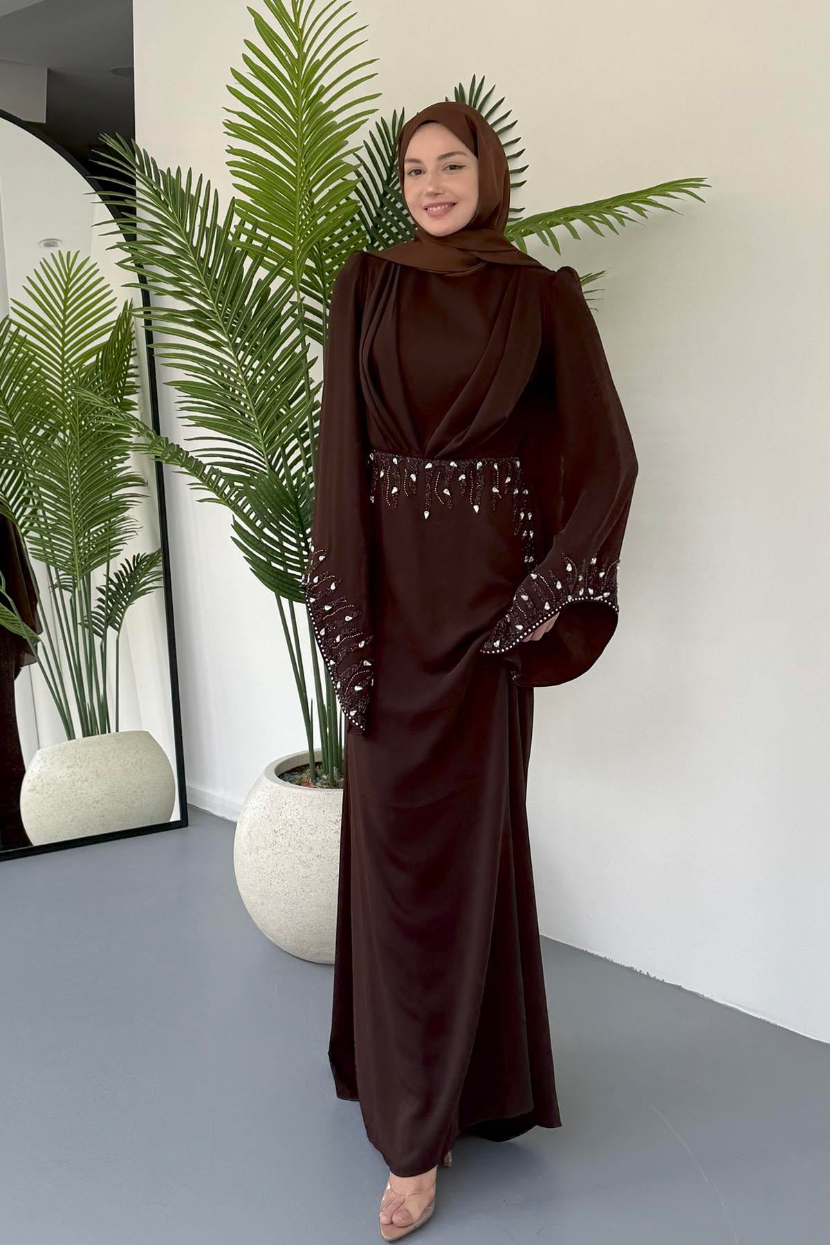 Parıltı Taş Detaylı Tesettür Abiye-ACI KAHVE