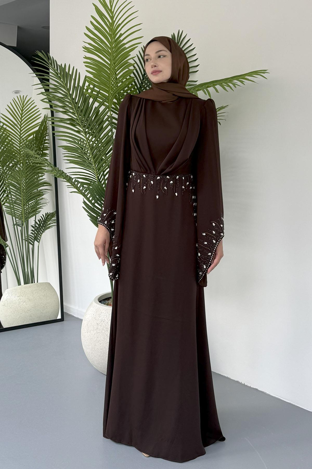 Parıltı Taş Detaylı Tesettür Abiye-ACI KAHVE