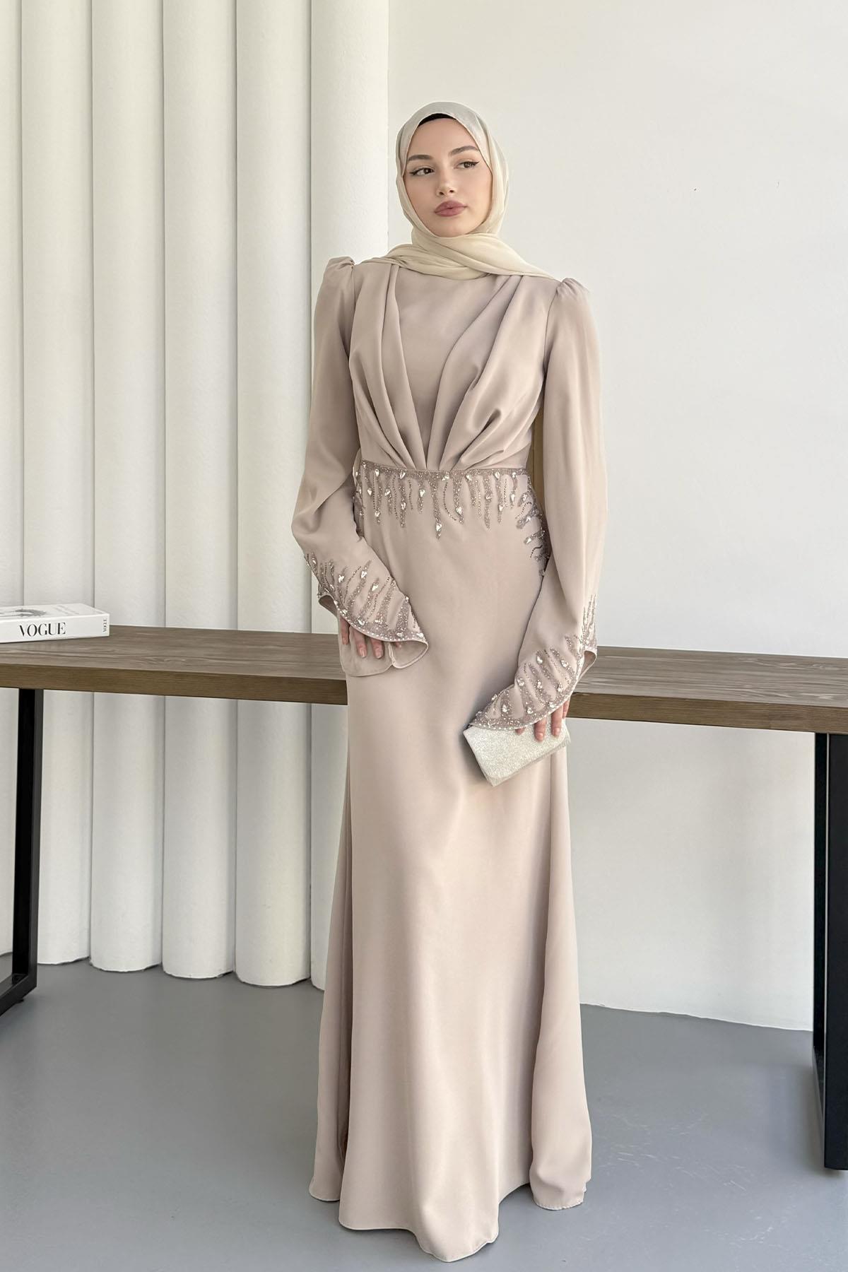 Parıltı Taş Detaylı Tesettür Abiye-TAŞ