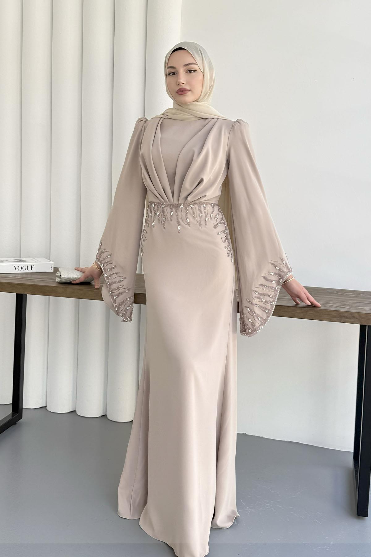 Parıltı Taş Detaylı Tesettür Abiye-TAŞ