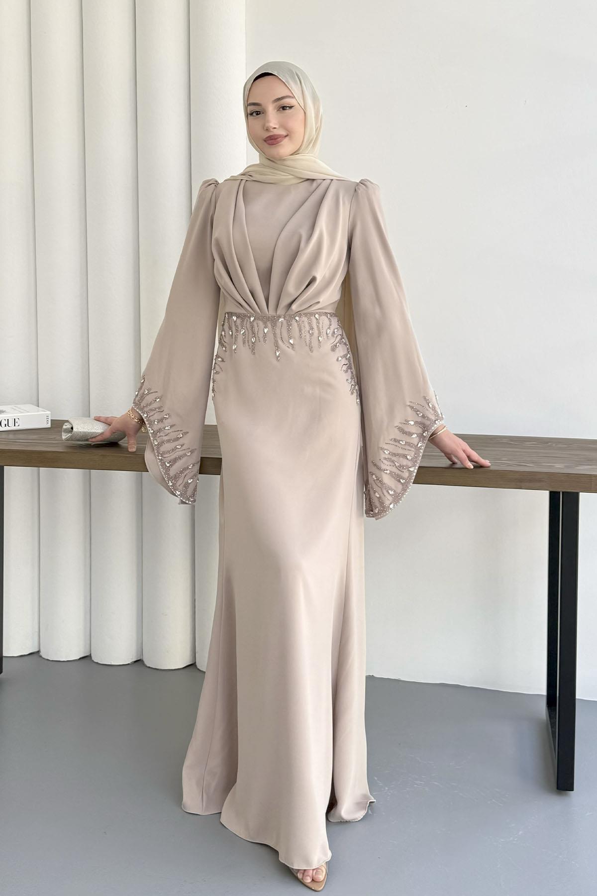 Parıltı Taş Detaylı Tesettür Abiye-TAŞ