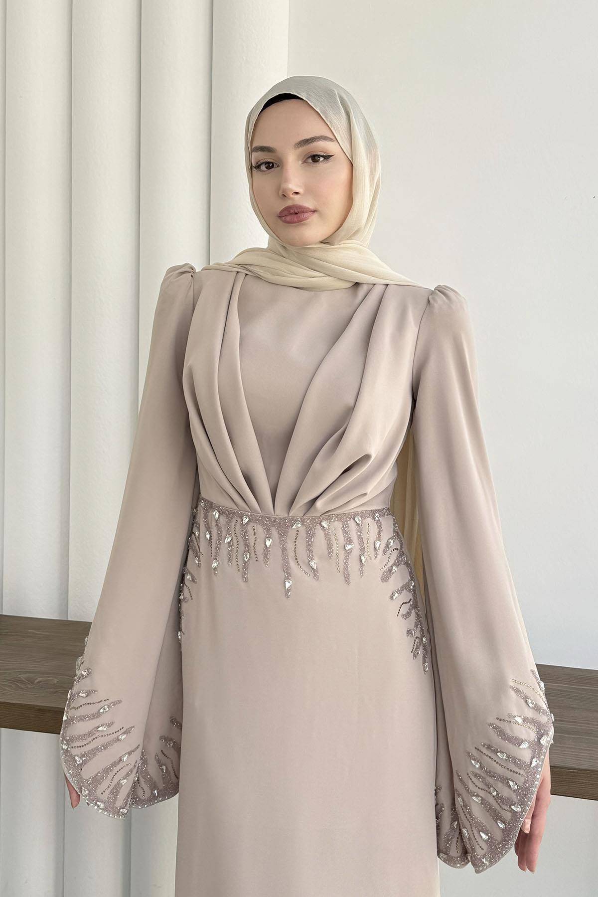 Parıltı Taş Detaylı Tesettür Abiye-TAŞ