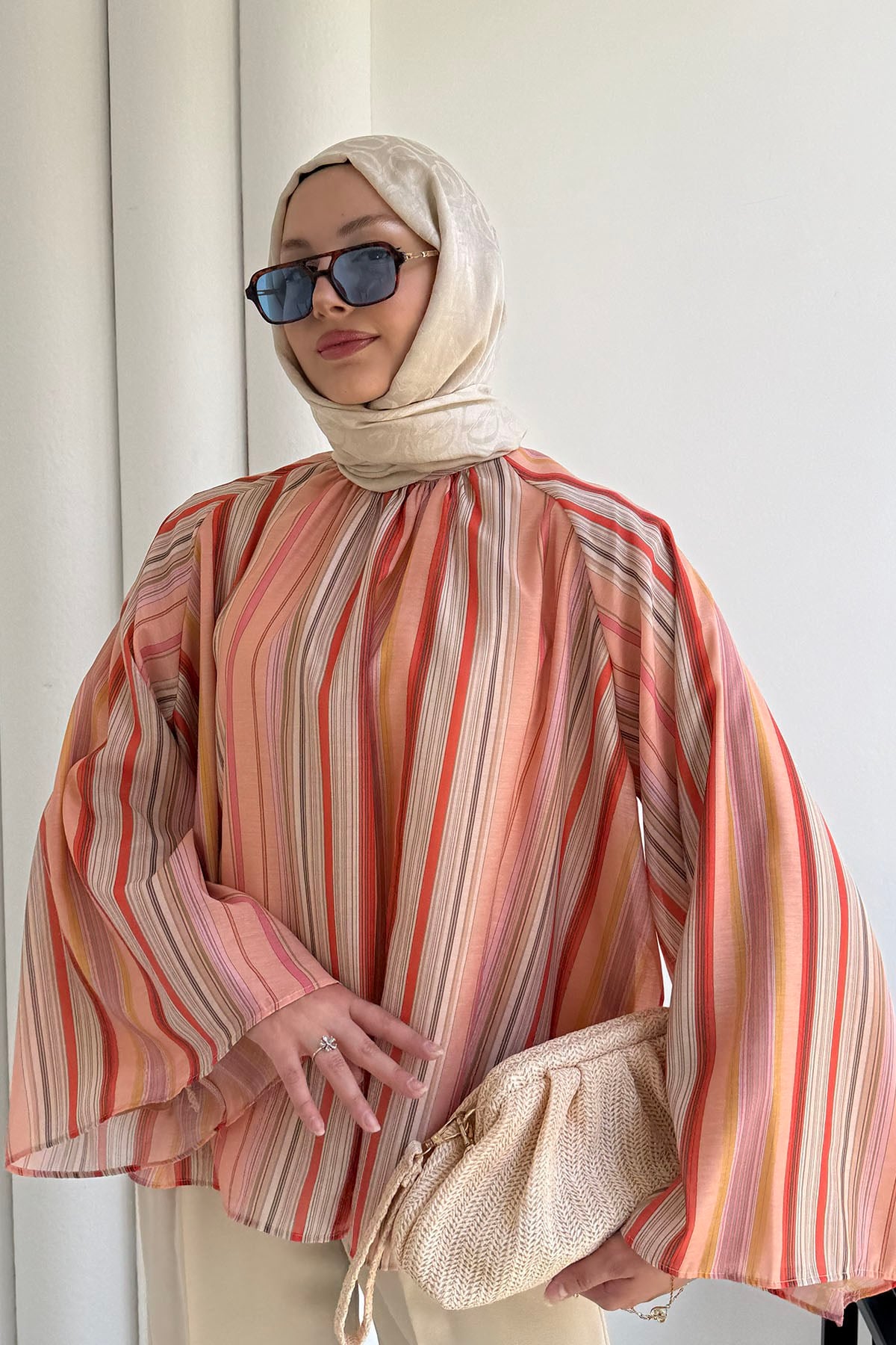 Pastel Çizgi Desenli Rahat Kesim Gömlek-ORANGE