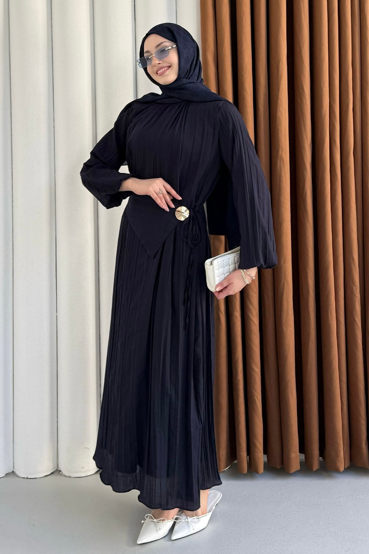 Pelerin Kemerli Kraşlı Vual Tesettür Elbise-LACİVERT