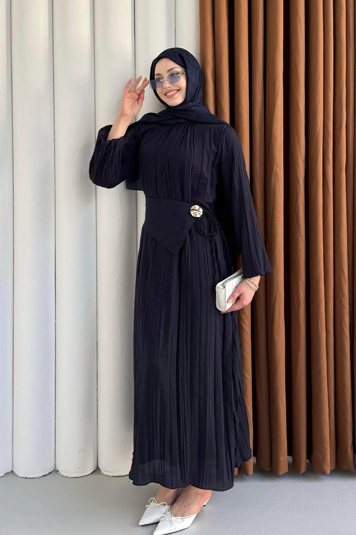 Pelerin Kemerli Kraşlı Vual Tesettür Elbise-LACİVERT