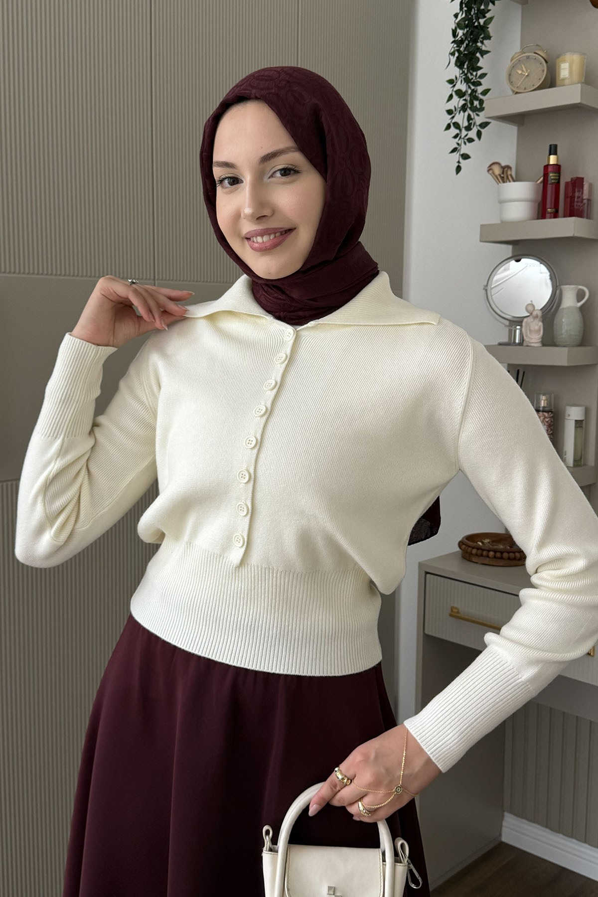 Polo Yaka Yünlü Düğmeli Triko Kazak-EKRU