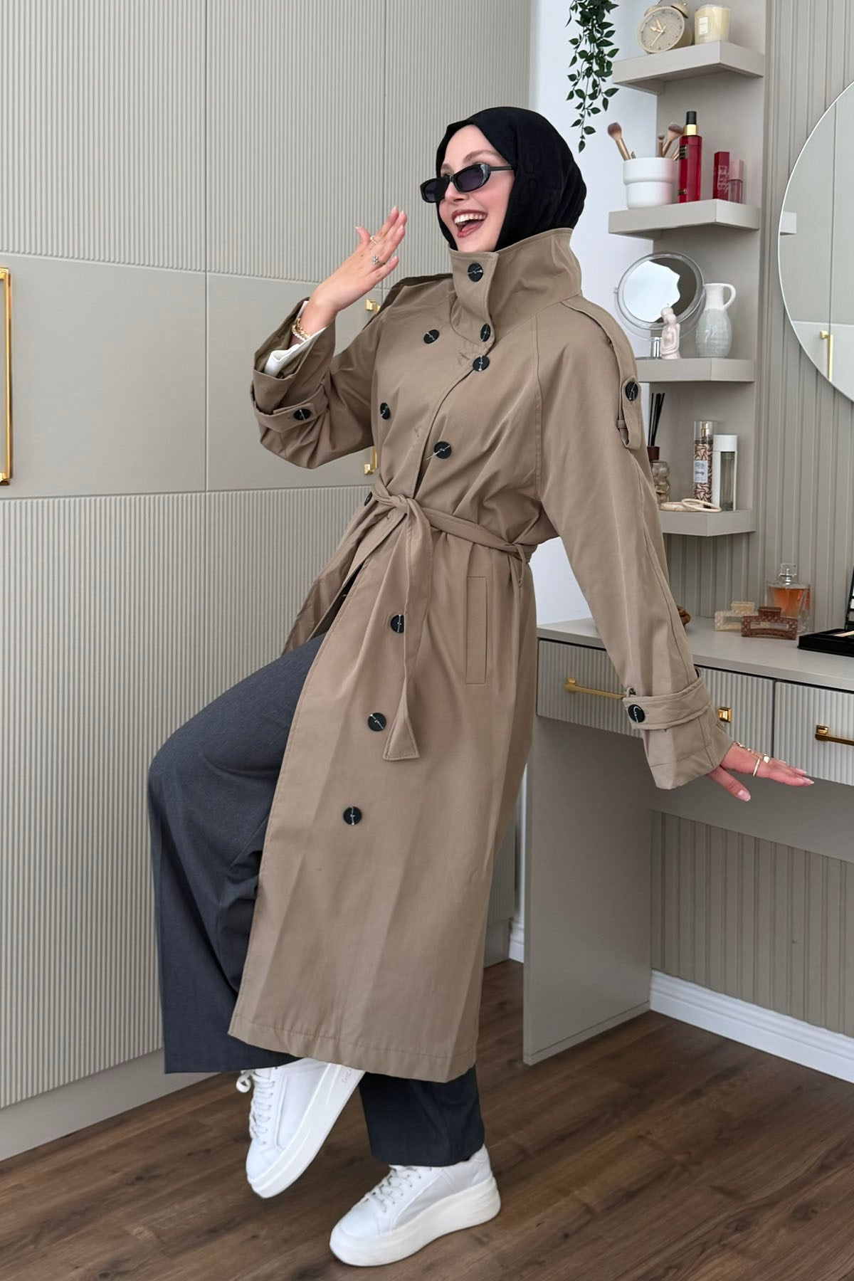 Premium Çift Düğmeli Kuşaklı Attika Trençkot-HAKİ YEŞİL