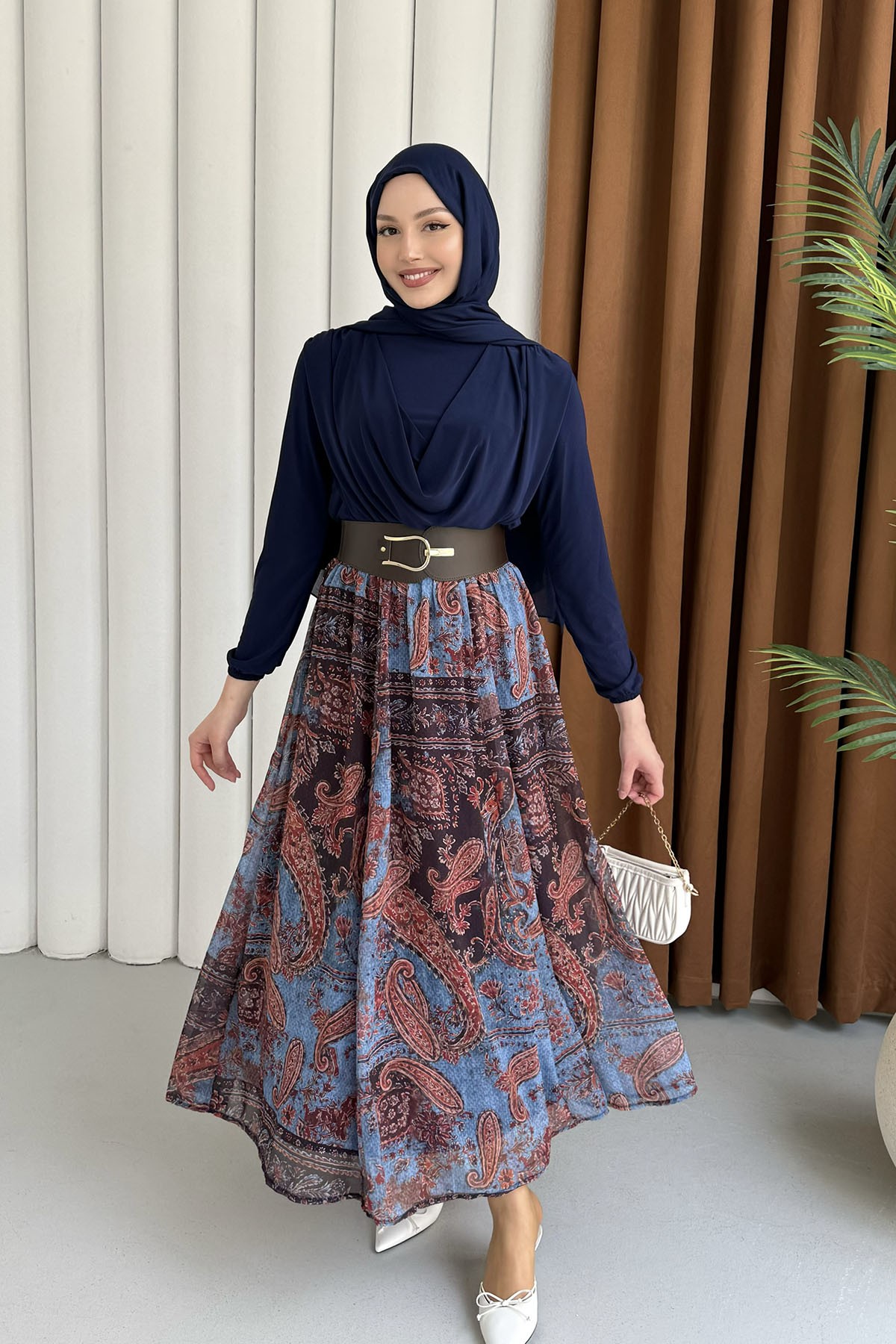 Premium Drapeli Bluz Desenli Etekli Tesettür Takım-LACİVERT