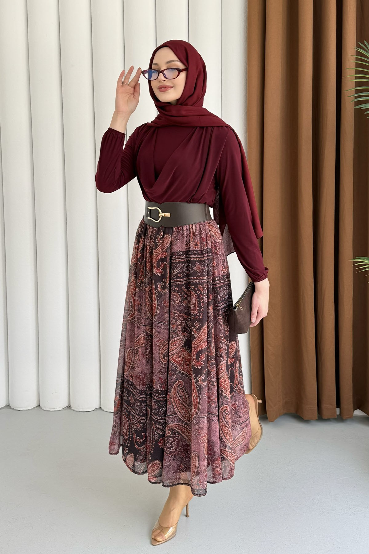 Premium Drapeli Bluz Desenli Etekli Tesettür Takım-BORDO