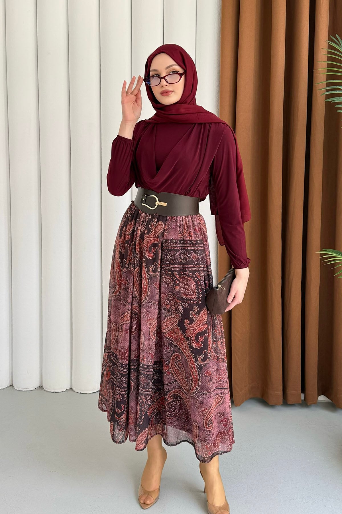 Premium Drapeli Bluz Desenli Etekli Tesettür Takım-BORDO