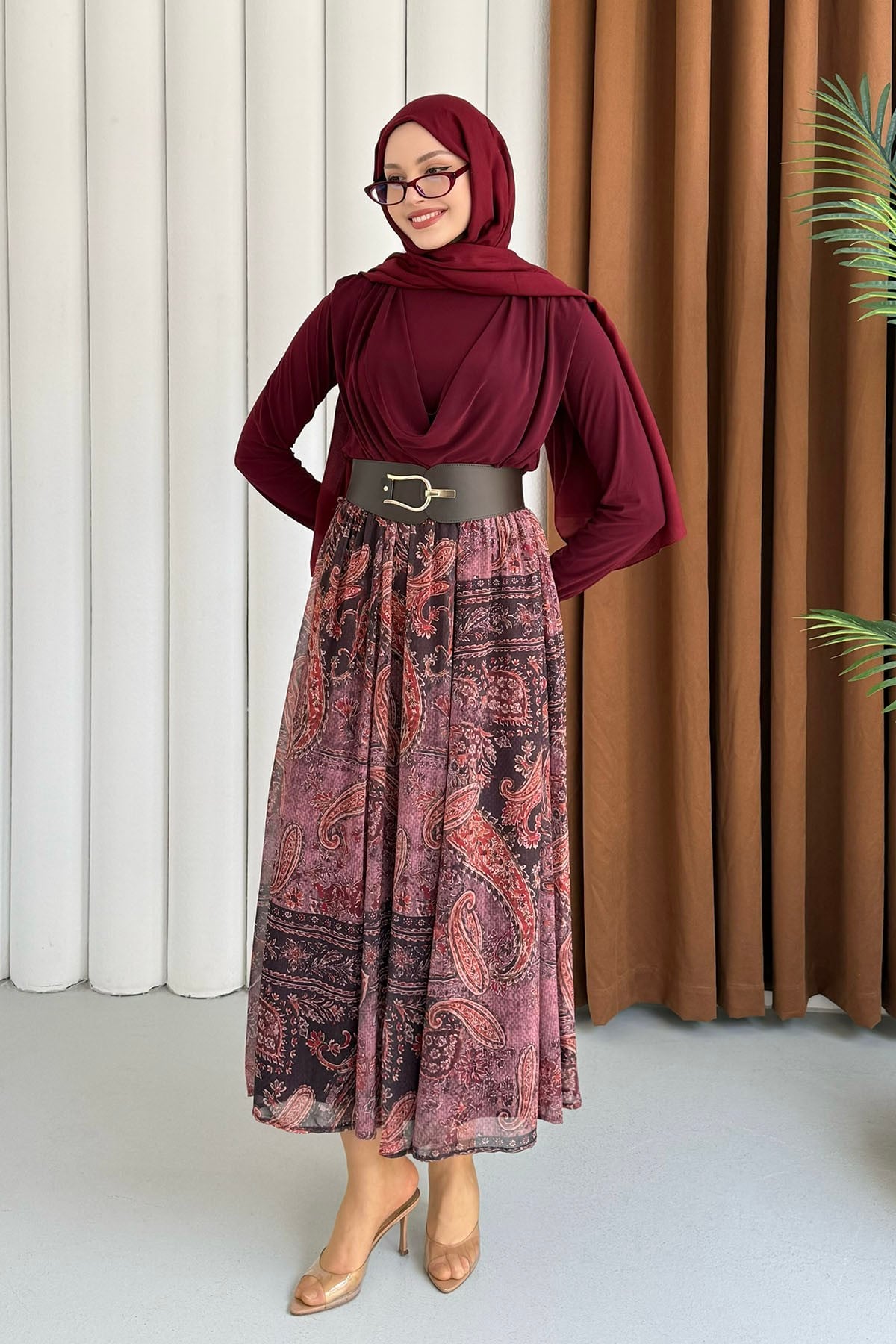 Premium Drapeli Bluz Desenli Etekli Tesettür Takım-BORDO