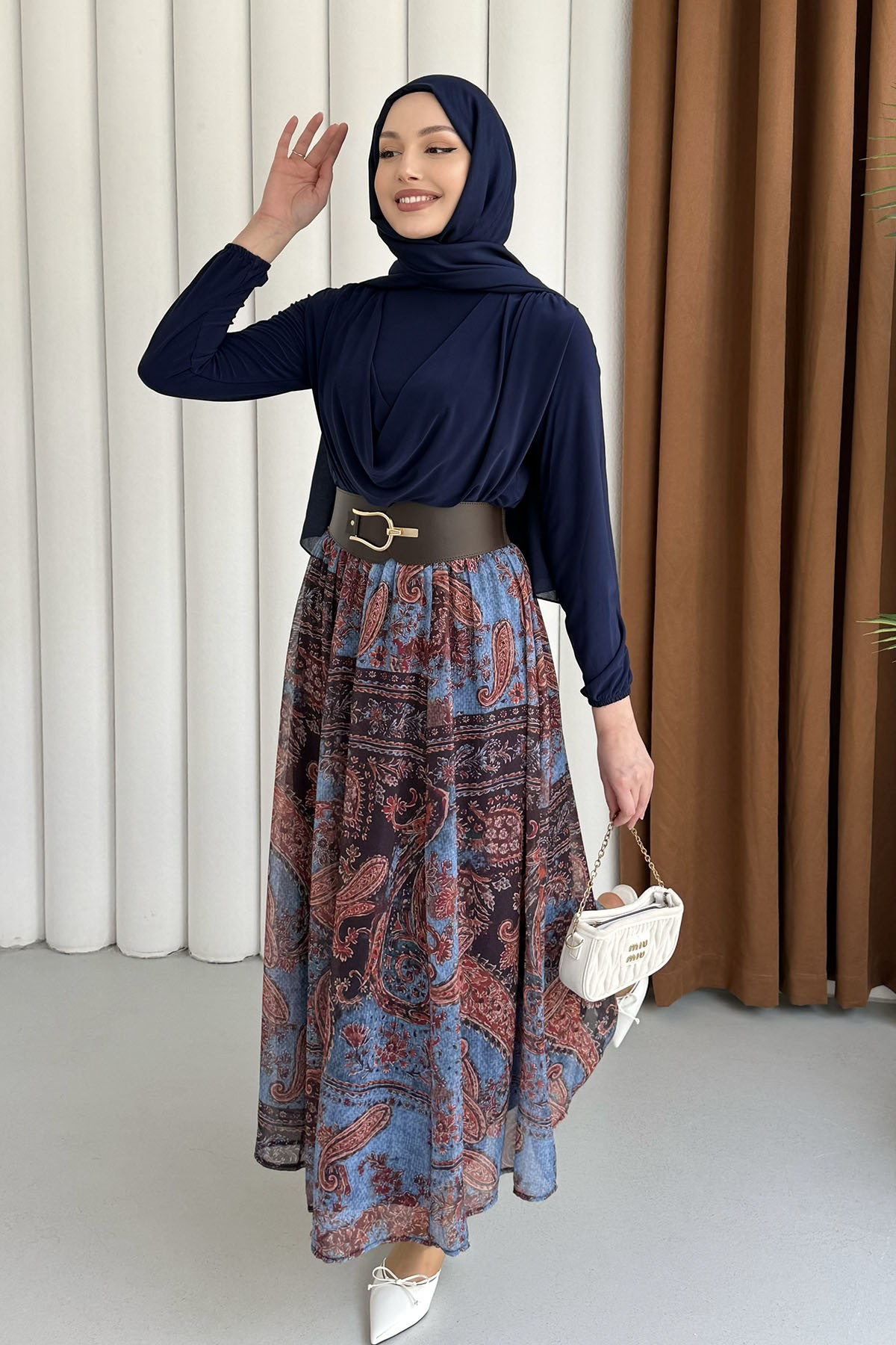 Premium Drapeli Bluz Desenli Etekli Tesettür Takım-LACİVERT