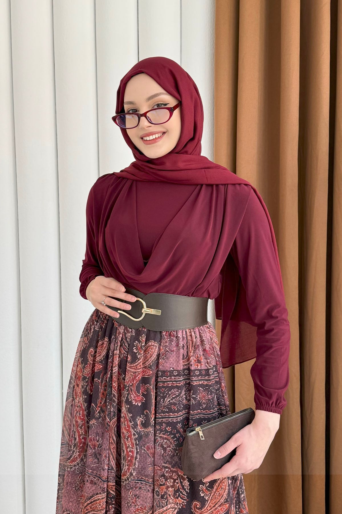 Premium Drapeli Bluz Desenli Etekli Tesettür Takım-BORDO