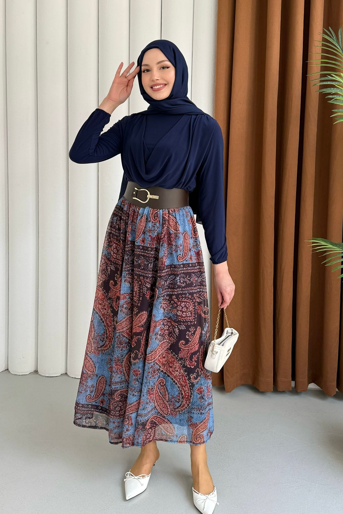 Premium Drapeli Bluz Desenli Etekli Tesettür Takım-LACİVERT