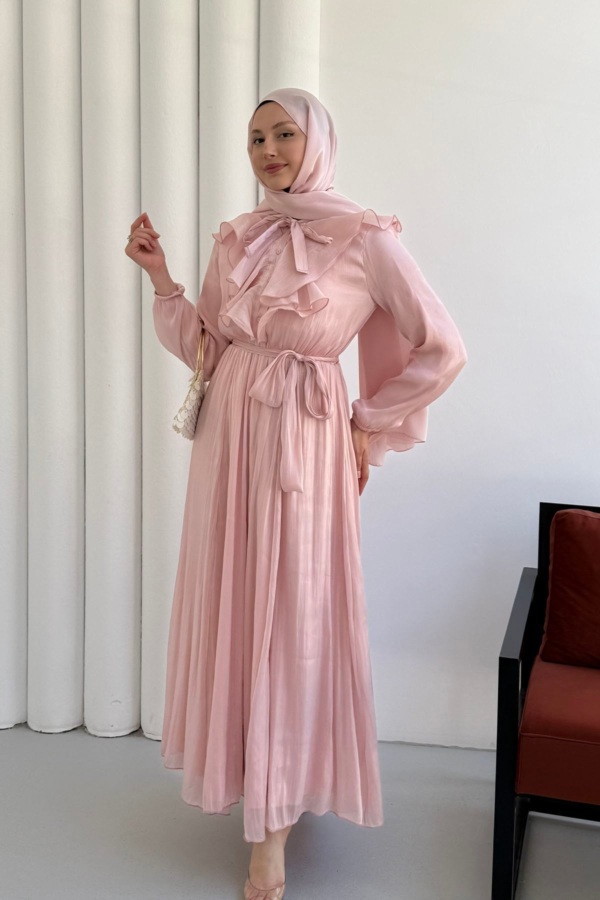 Premium Janjan Kumaş Yarım Düğmeli Tesettür Elbise-PEMBE