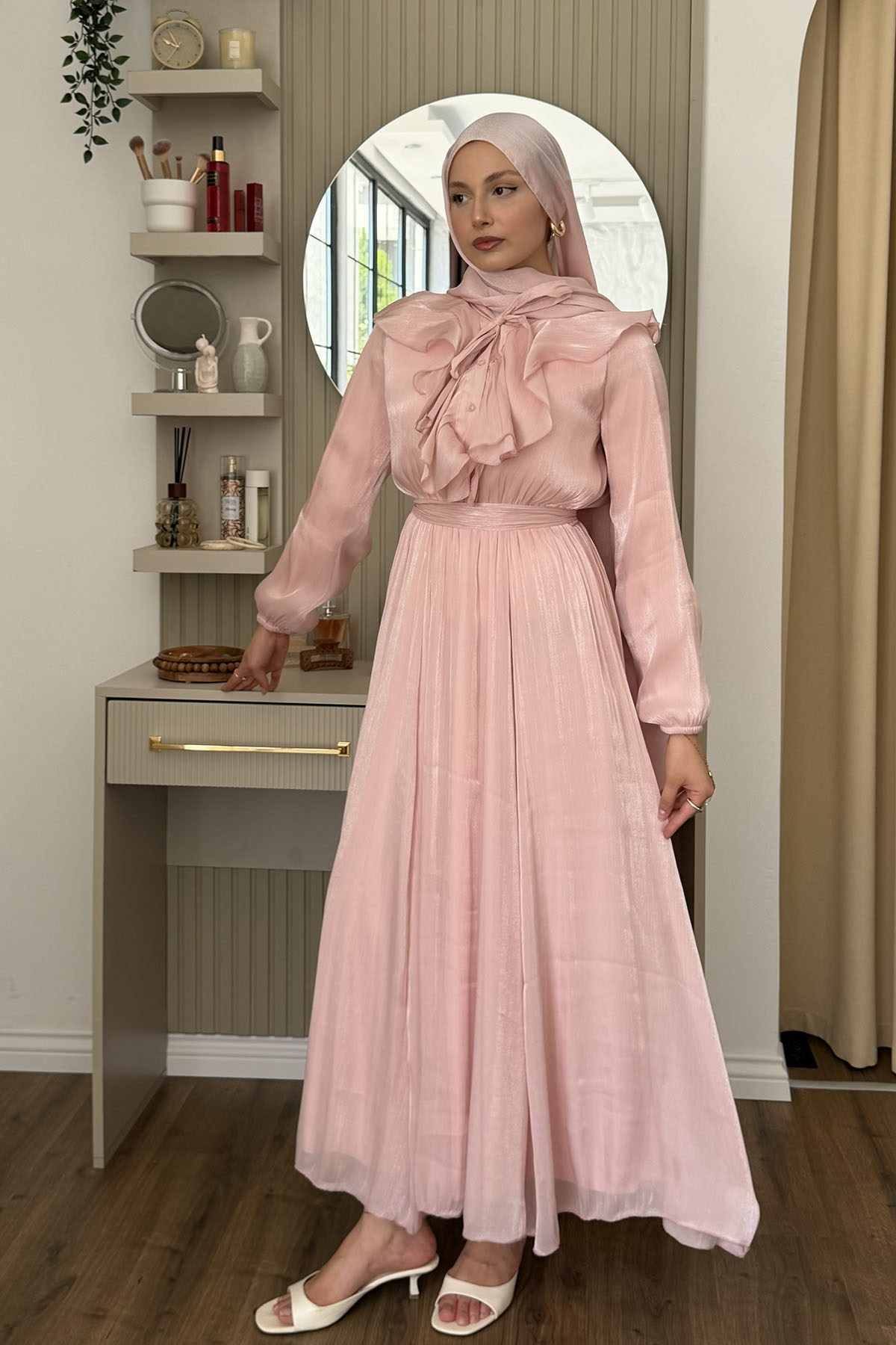 Premium Janjan Kumaş Yarım Düğmeli Tesettür Elbise-PEMBE