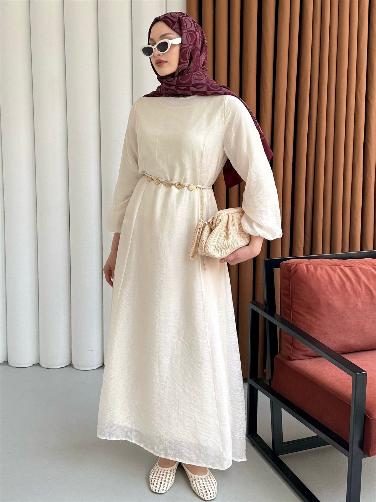 Premium Modal Kumaş Zincir Detaylı Tesettür Elbise-BEJ