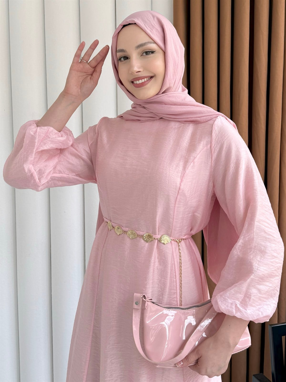 Premium Modal Kumaş Zincir Detaylı Tesettür Elbise-PEMBE