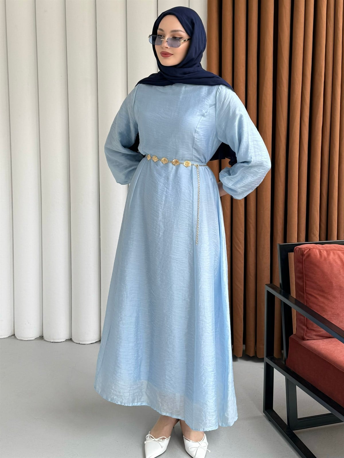 Premium Modal Kumaş Zincir Detaylı Tesettür Elbise-BEBE MAVİ