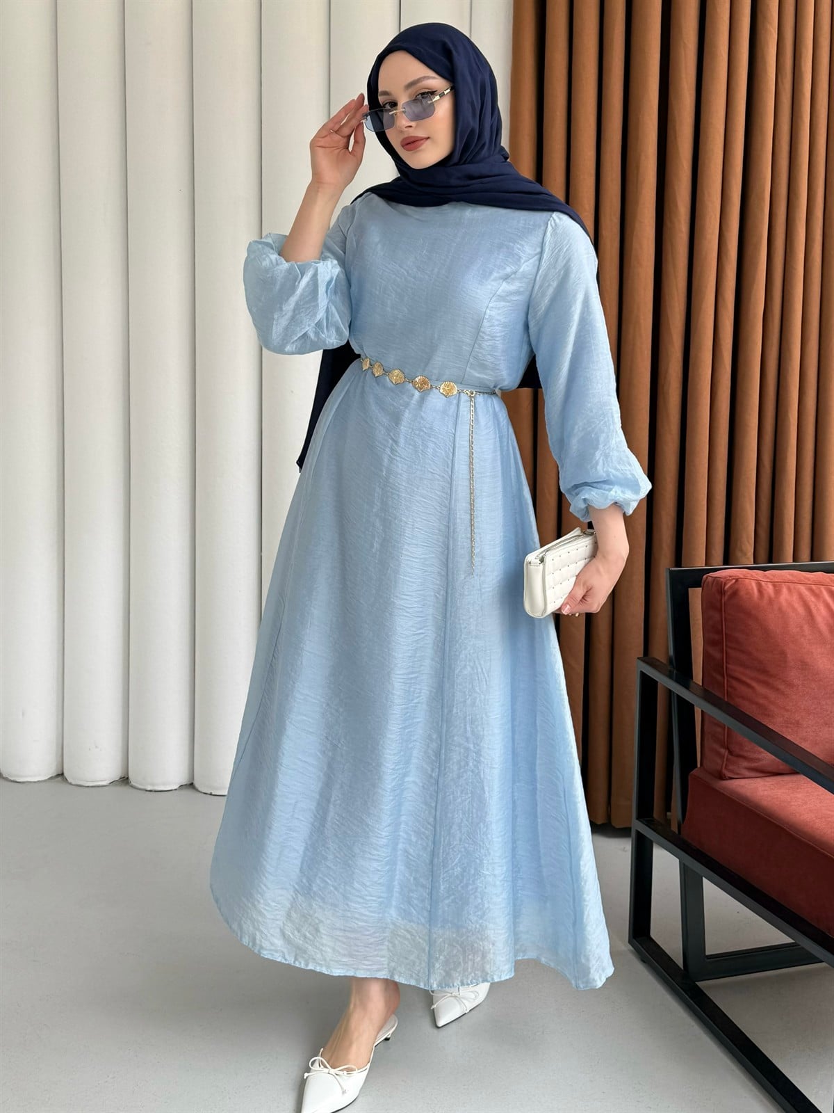 Premium Modal Kumaş Zincir Detaylı Tesettür Elbise-BEBE MAVİ