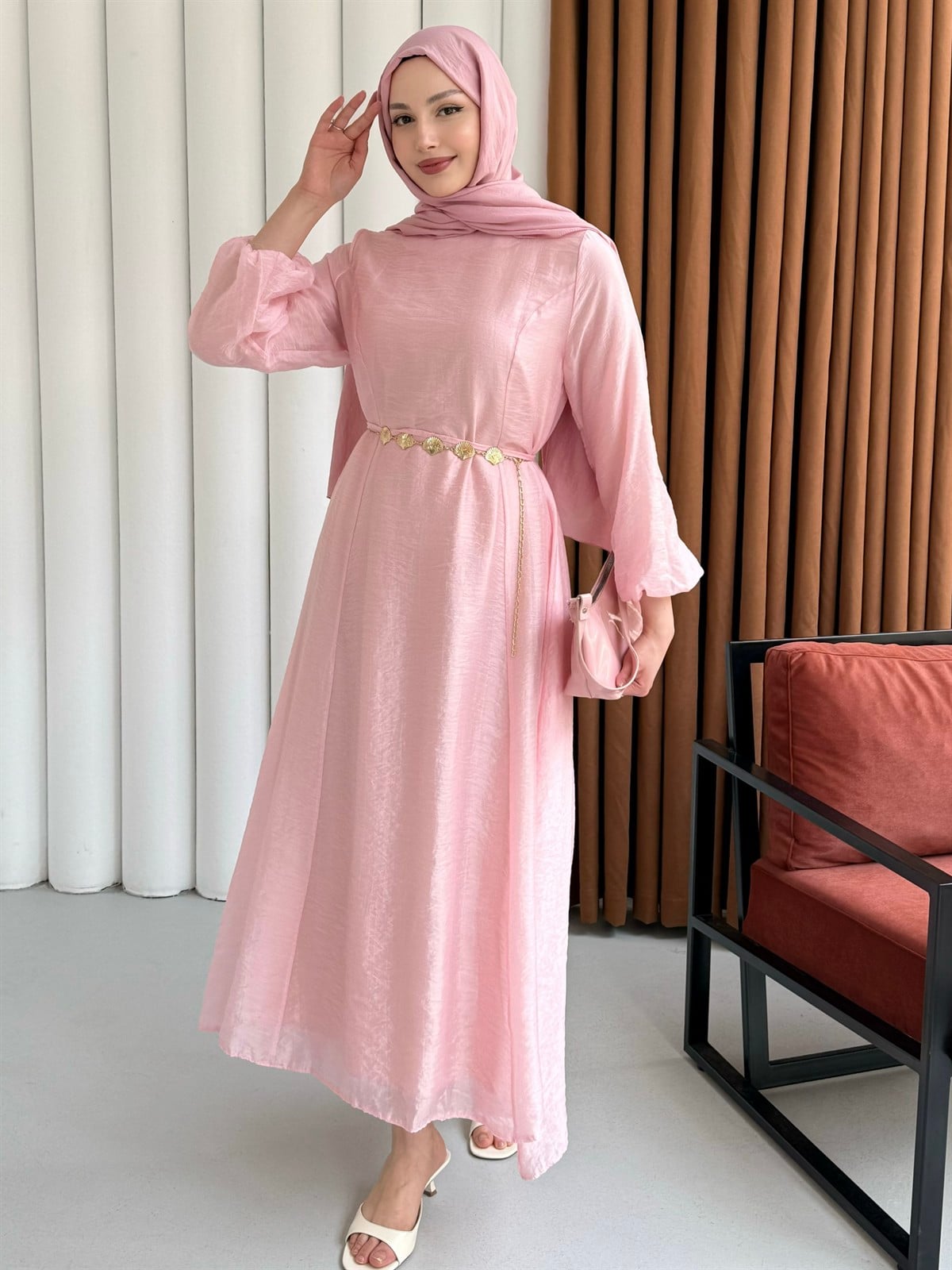 Premium Modal Kumaş Zincir Detaylı Tesettür Elbise-PEMBE