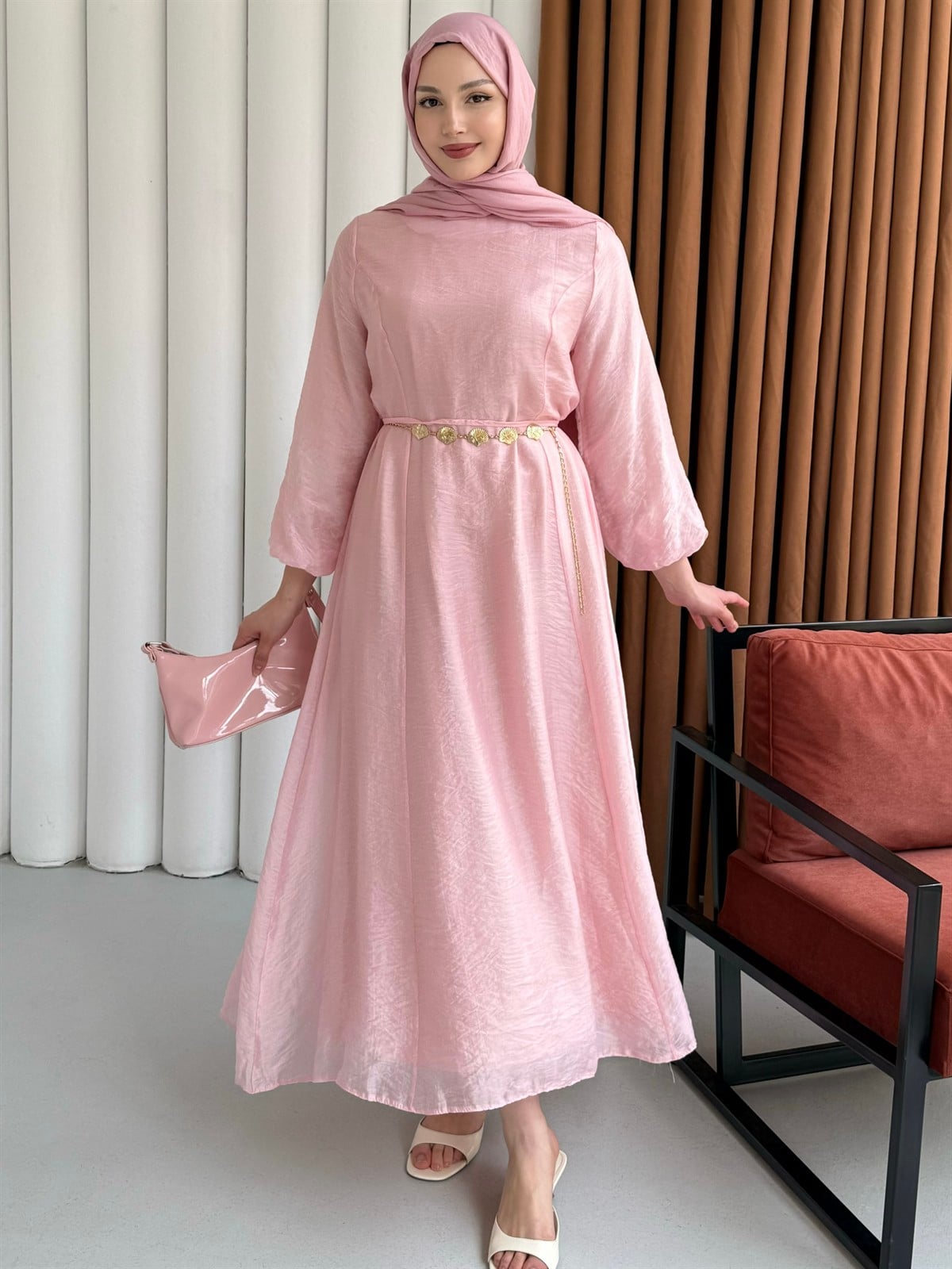 Premium Modal Kumaş Zincir Detaylı Tesettür Elbise-PEMBE