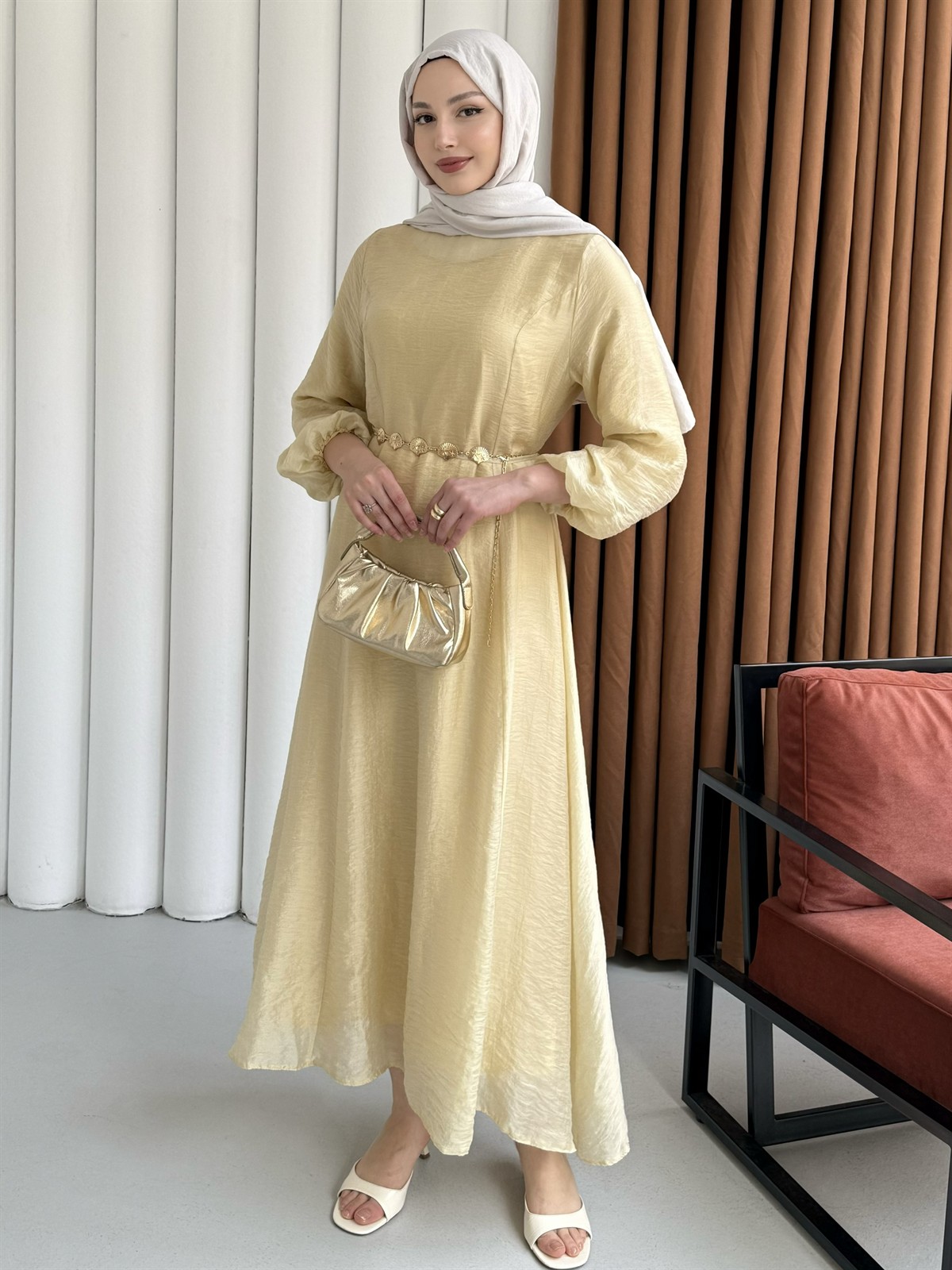 Premium Modal Kumaş Zincir Detaylı Tesettür Elbise-SARI
