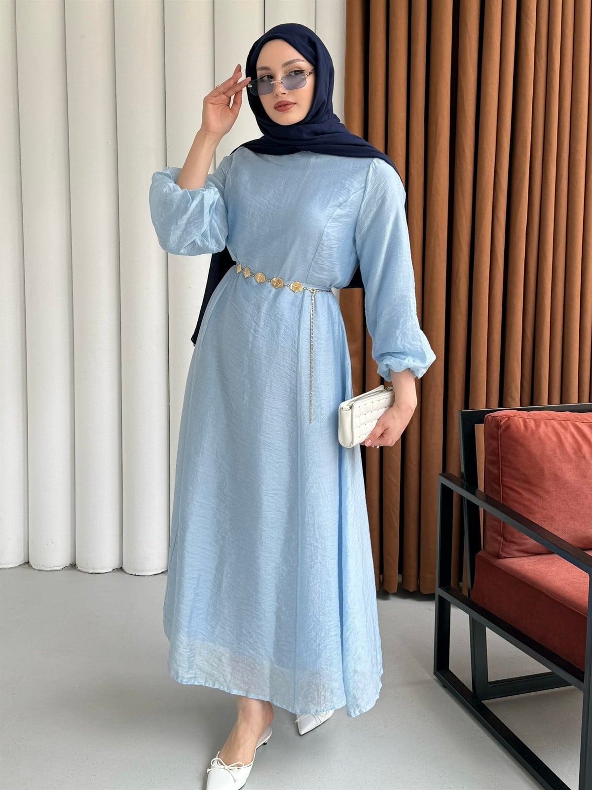 Premium Modal Kumaş Zincir Detaylı Tesettür Elbise-BEBE MAVİ