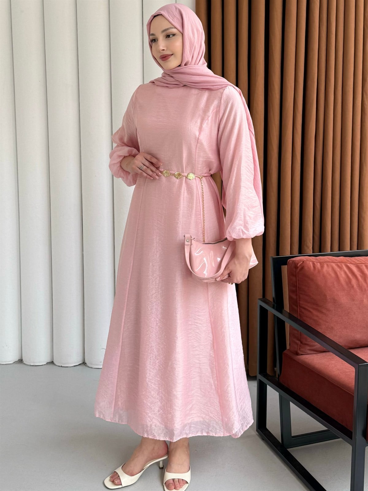 Premium Modal Kumaş Zincir Detaylı Tesettür Elbise-PEMBE