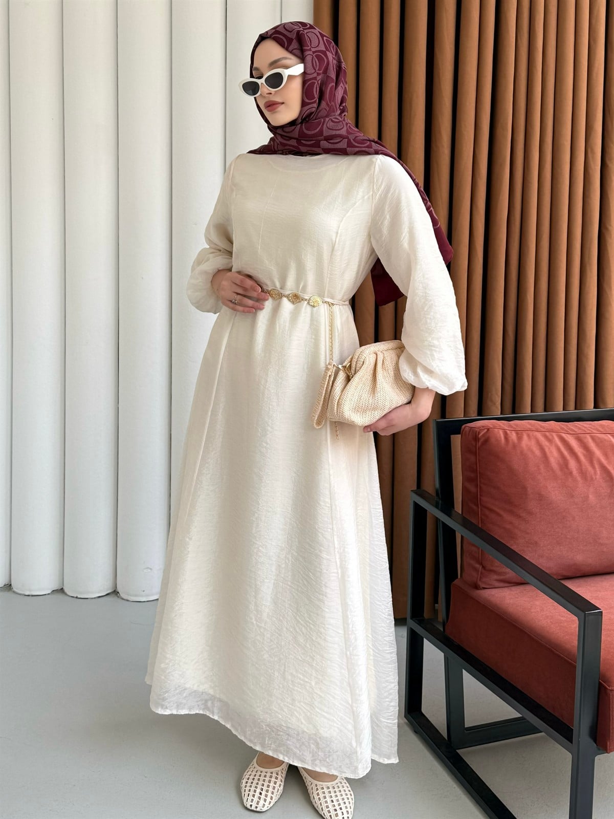 Premium Modal Kumaş Zincir Detaylı Tesettür Elbise-BEJ