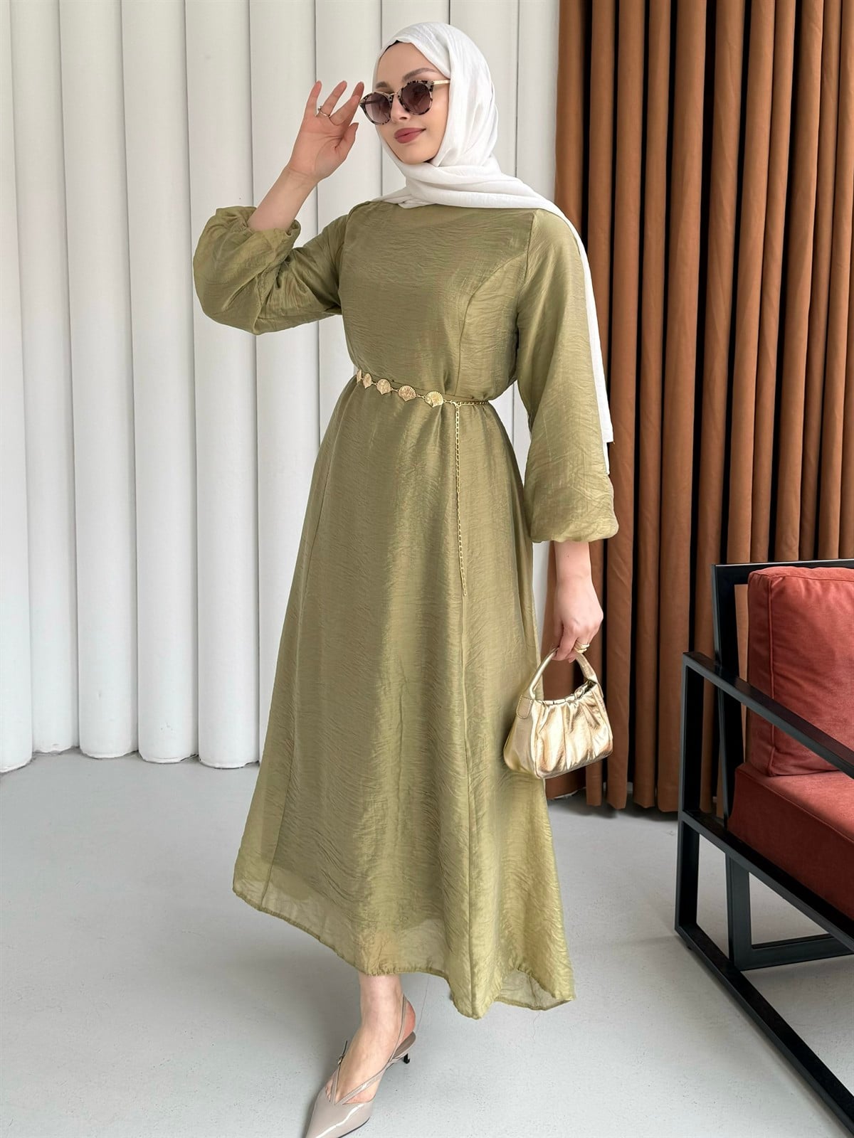 Premium Modal Kumaş Zincir Detaylı Tesettür Elbise-HAKİ YEŞİL