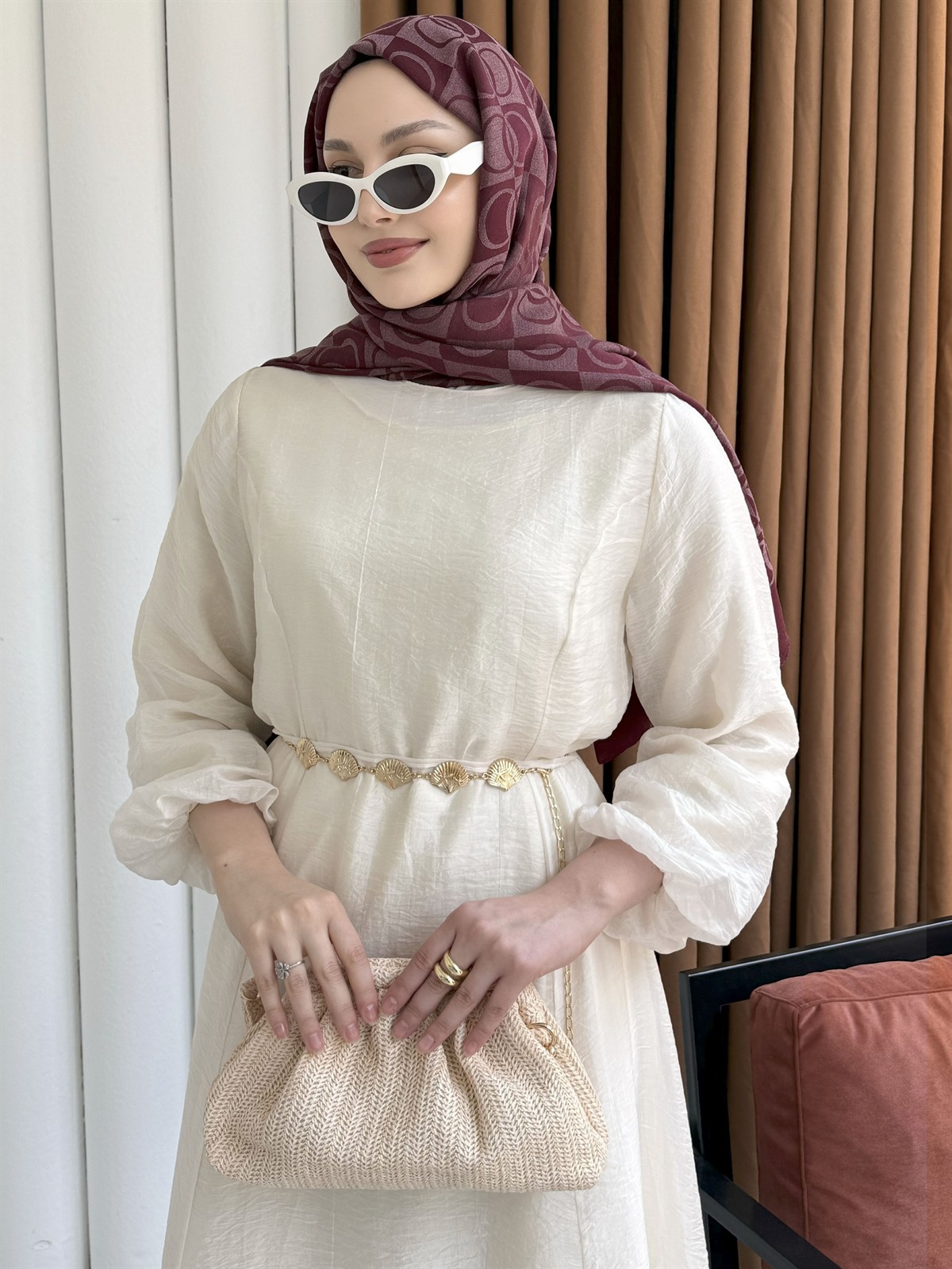 Premium Modal Kumaş Zincir Detaylı Tesettür Elbise-BEJ