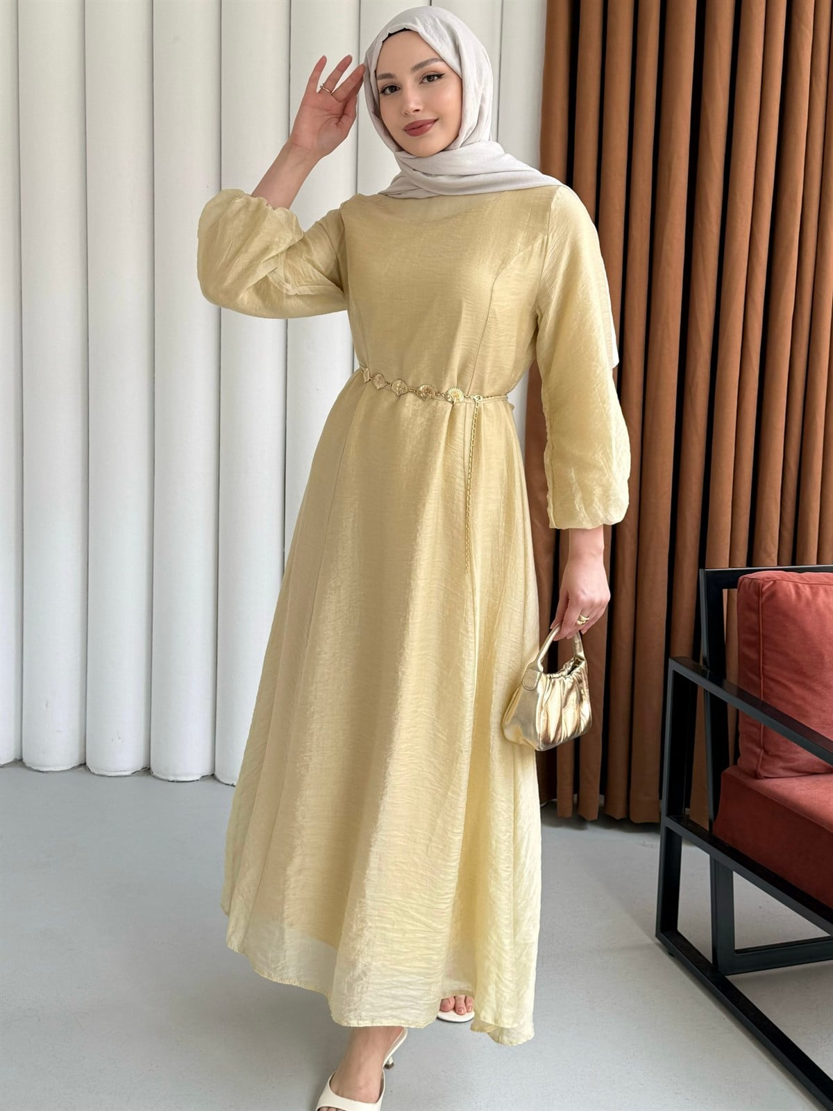 Premium Modal Kumaş Zincir Detaylı Tesettür Elbise-SARI