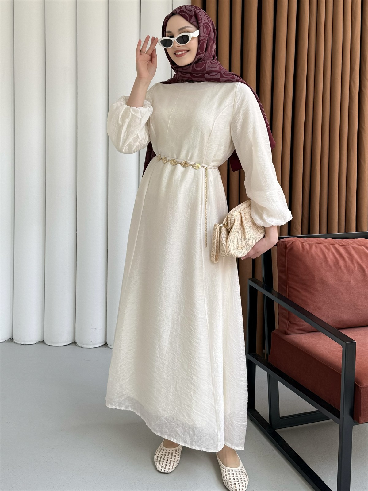 Premium Modal Kumaş Zincir Detaylı Tesettür Elbise-BEJ