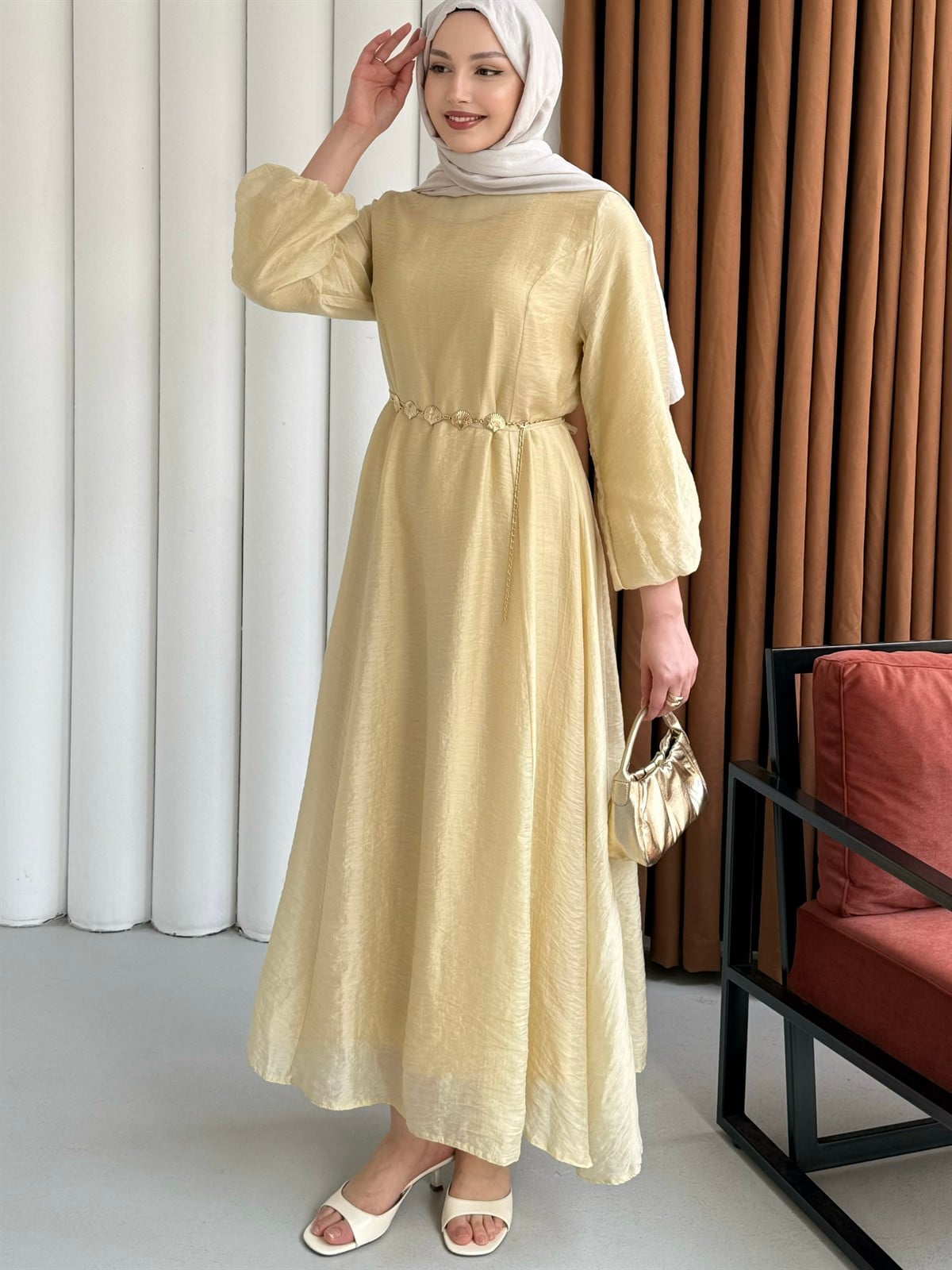 Premium Modal Kumaş Zincir Detaylı Tesettür Elbise-SARI