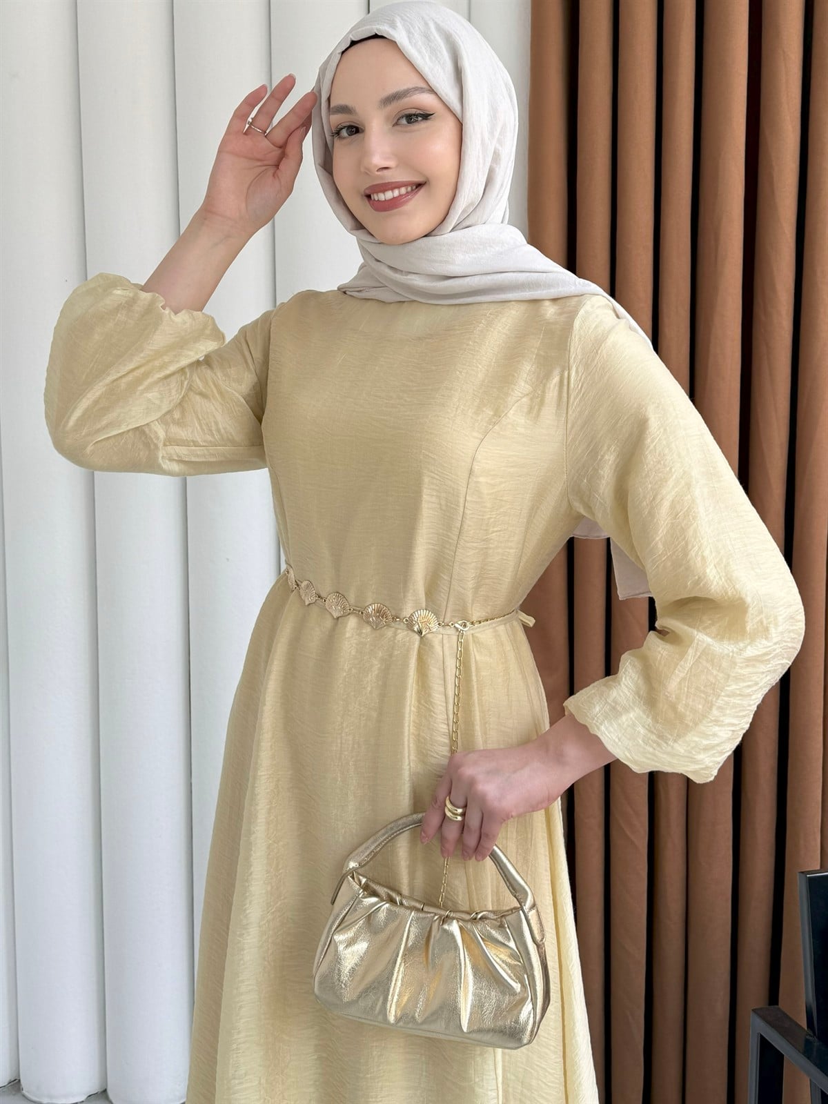 Premium Modal Kumaş Zincir Detaylı Tesettür Elbise-SARI