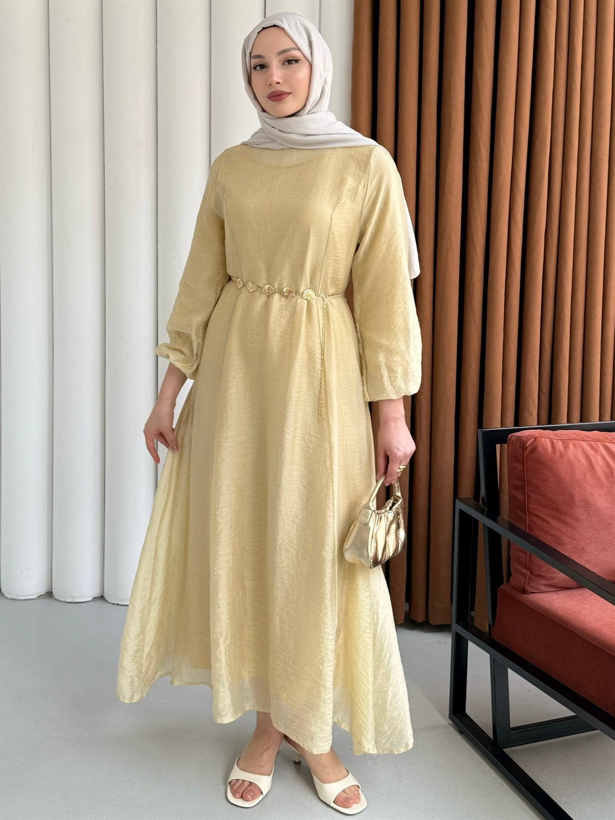 Premium Modal Kumaş Zincir Detaylı Tesettür Elbise-SARI