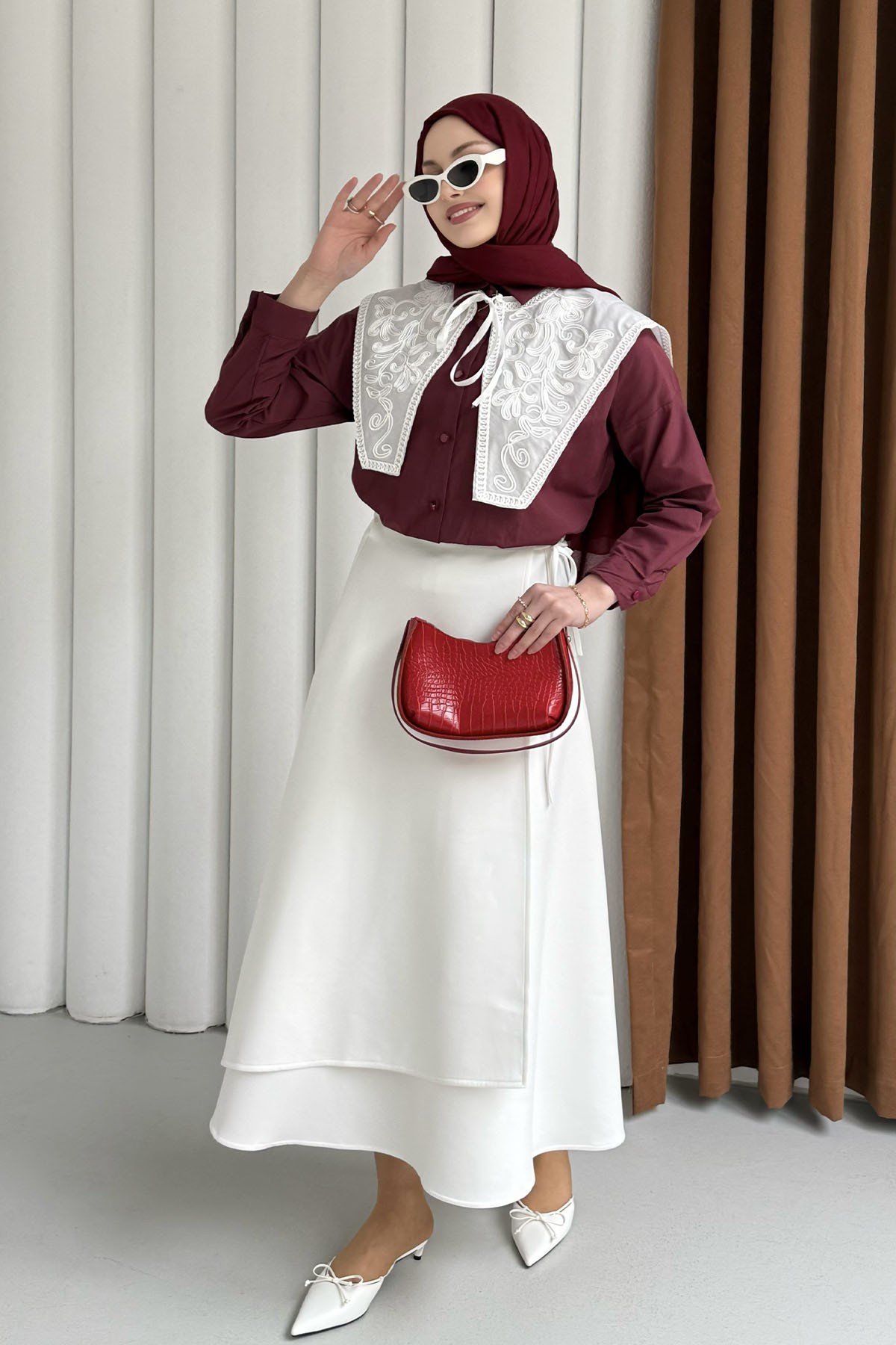 Premium Nakışlı Yaka Detaylı Gömlek-BORDO