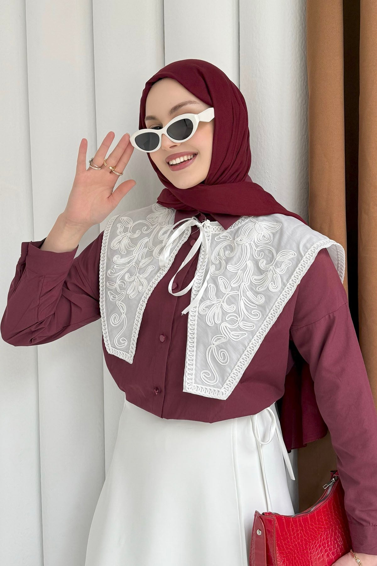 Premium Nakışlı Yaka Detaylı Gömlek-BORDO