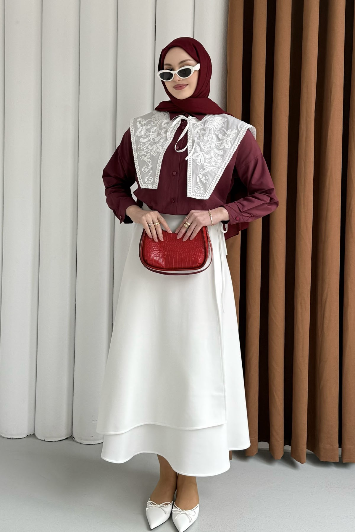 Premium Nakışlı Yaka Detaylı Gömlek-BORDO