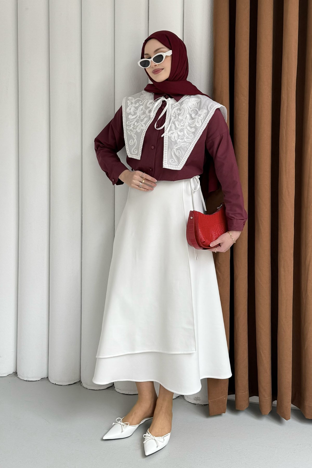 Premium Nakışlı Yaka Detaylı Gömlek-BORDO