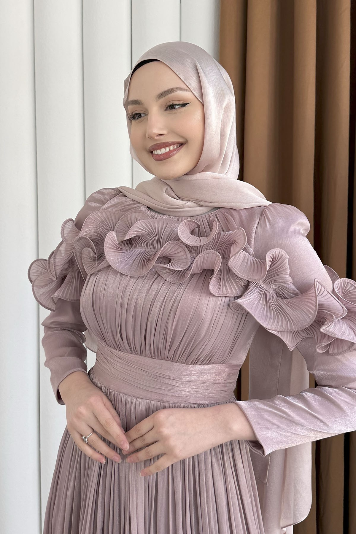 Premium Seri Çiçek İşlemeli Tesettür Abiye-GÜL KURUSU