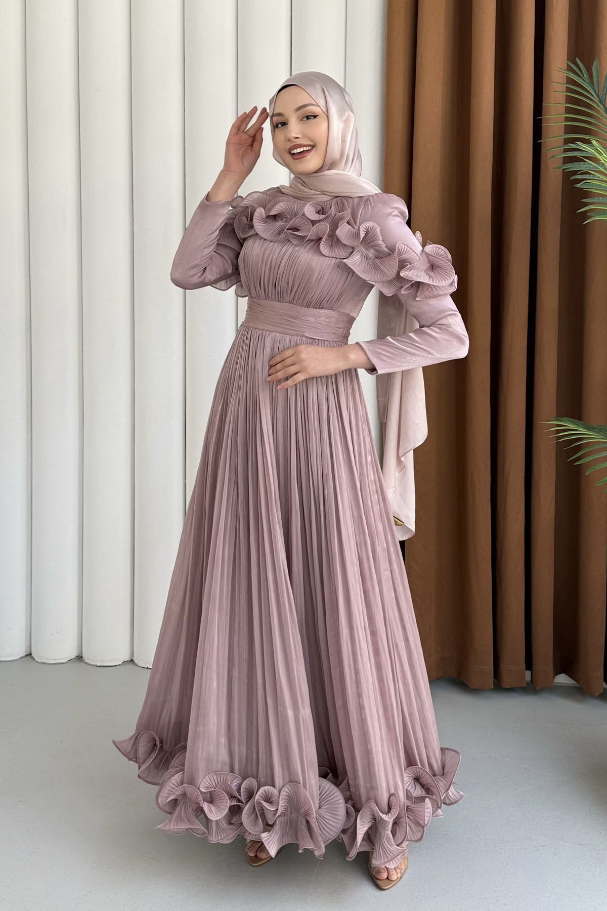 Premium Seri Çiçek İşlemeli Tesettür Abiye-GÜL KURUSU