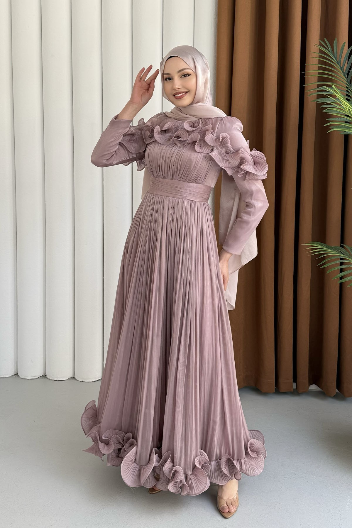 Premium Seri Çiçek İşlemeli Tesettür Abiye-GÜL KURUSU