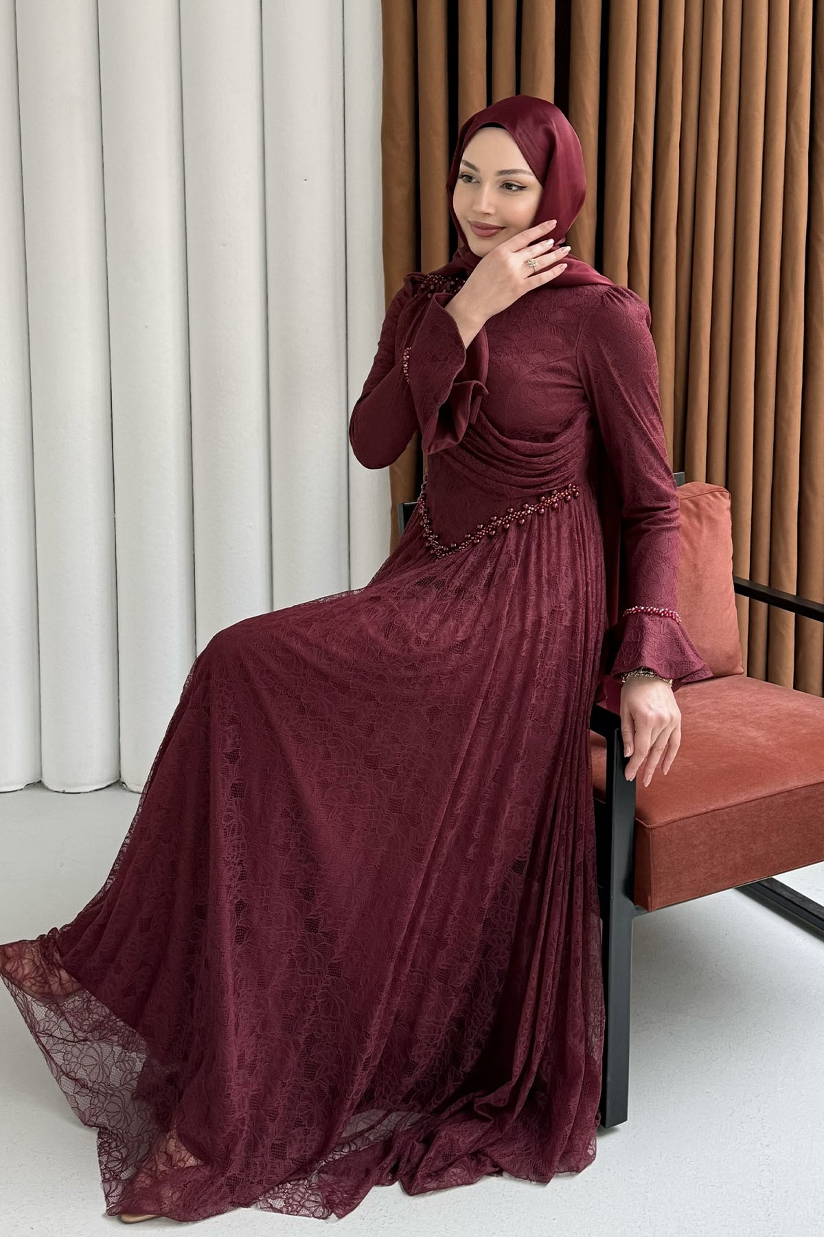 Premium Taş İşlemeli Dökümlü Yaka Tesettür Abiye-BORDO