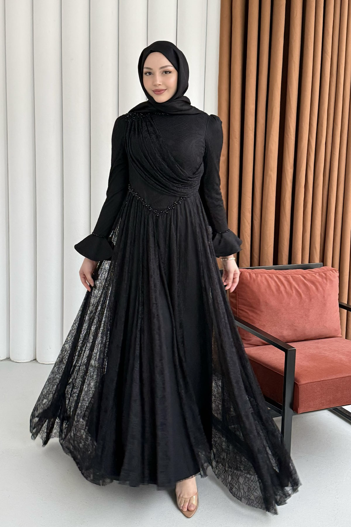 Premium Taş İşlemeli Dökümlü Yaka Tesettür Abiye-SİYAH