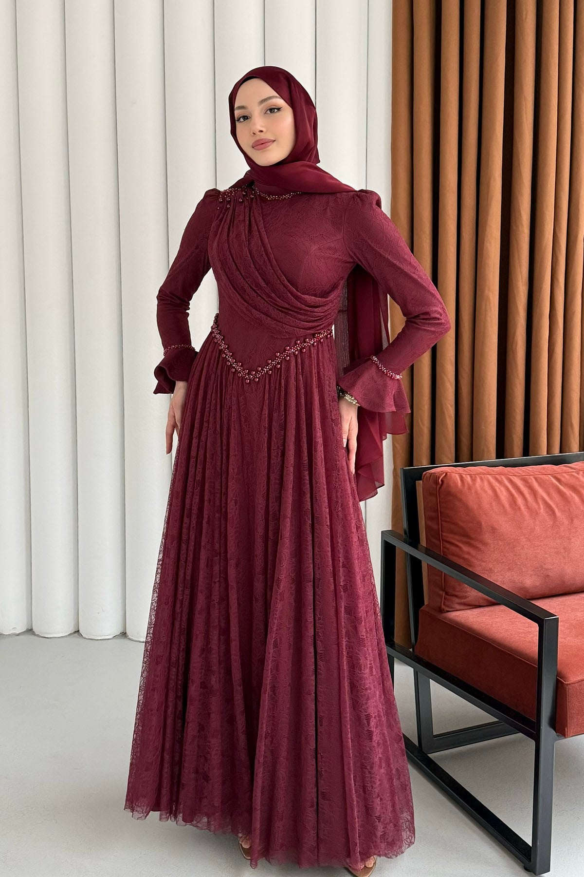 Premium Taş İşlemeli Dökümlü Yaka Tesettür Abiye-BORDO