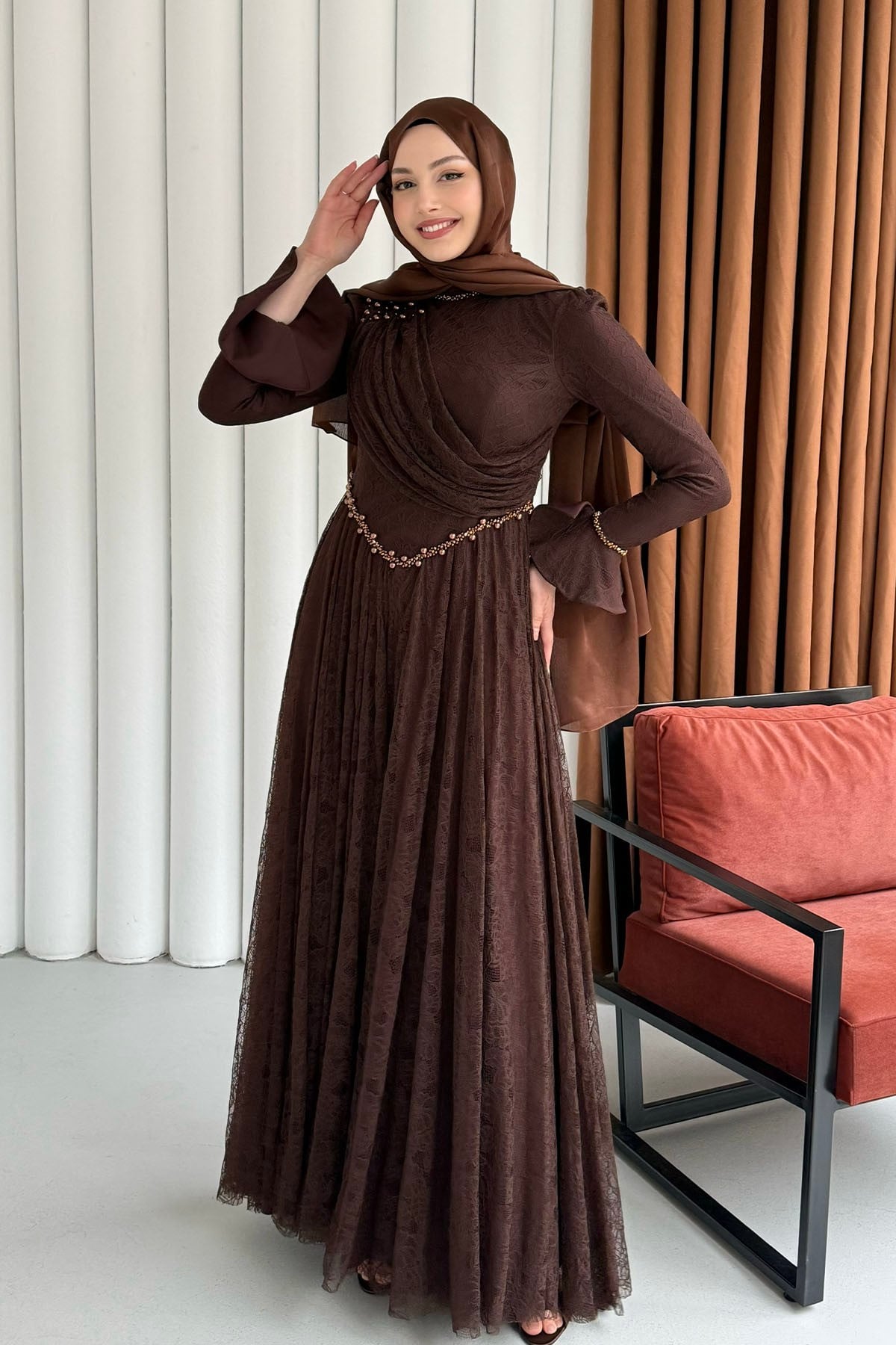 Premium Taş İşlemeli Dökümlü Yaka Tesettür Abiye-KAHVERENGİ