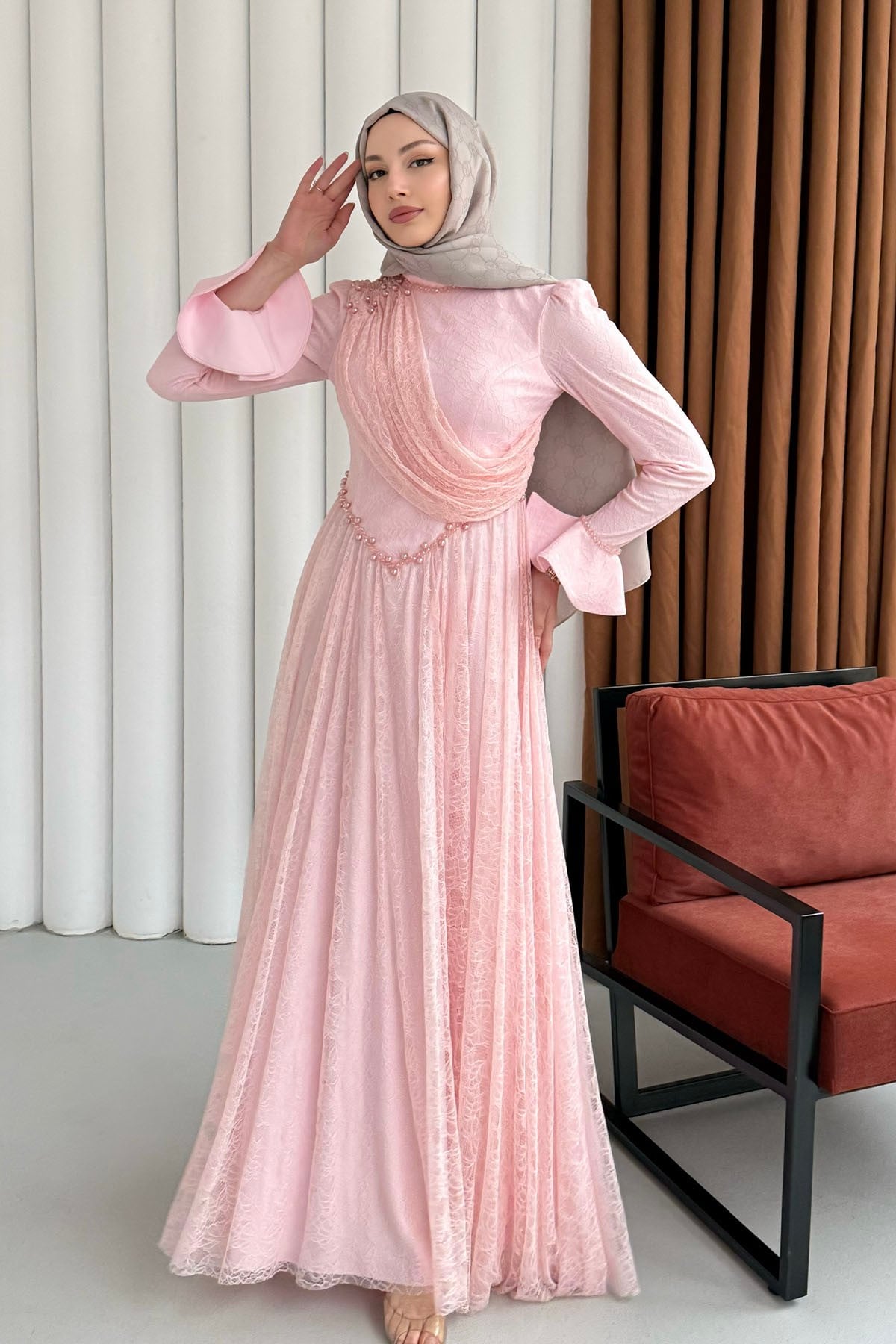 Premium Taş İşlemeli Dökümlü Yaka Tesettür Abiye-PEMBE