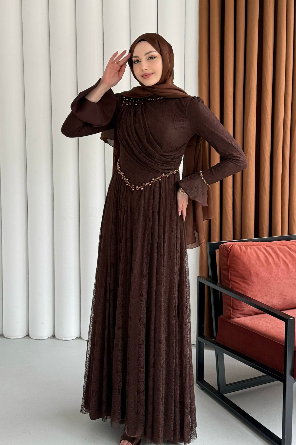 Premium Taş İşlemeli Dökümlü Yaka Tesettür Abiye-KAHVERENGİ